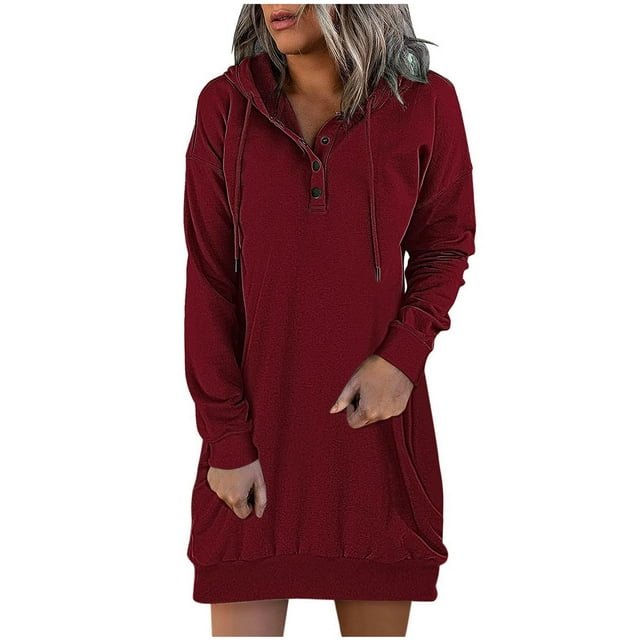 Vestido de manga larga de otoño e invierno para mujer Vestido casual sólido con capucha Fridja yut6708