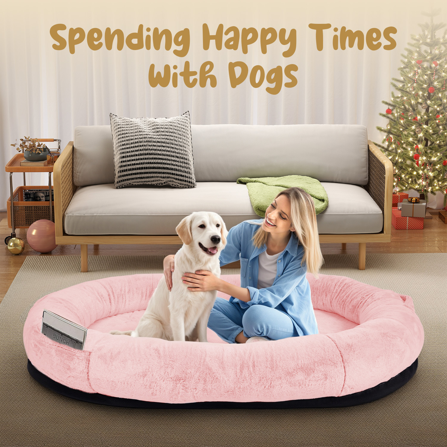 Human Dog Bed for Pets and Adults, 71"x45"x14" Human Size Giant Dog Pets Bed, Washable Faux Fur Cover for Humans with Blanket and Pillow,Pink