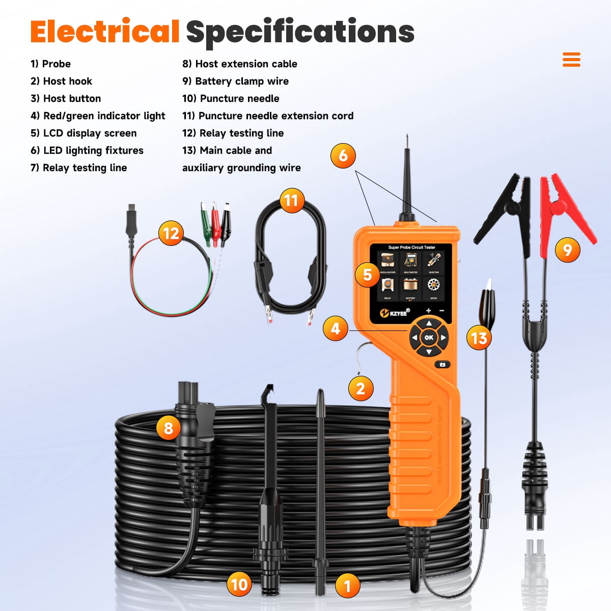 KZYEE KM601 Super Probe Circuit Tester, 12V 24V Automotive Power Circuit Probe Kit, Multimeter/Oscilloscope/Relay Test/Battery Test/Fuel Injector Test, Short Finder, 30FT Cable