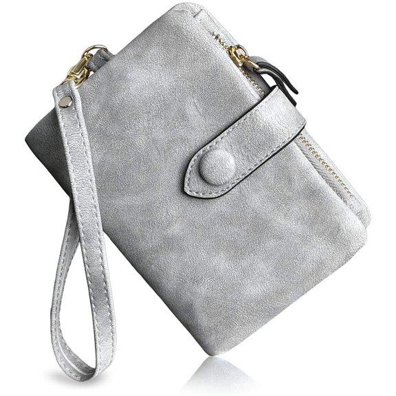 Womens Small Bifold Leather Wallets Rfid Ladies Wristlet with Card slots id window Zipper Coin Purse(Light Grey)