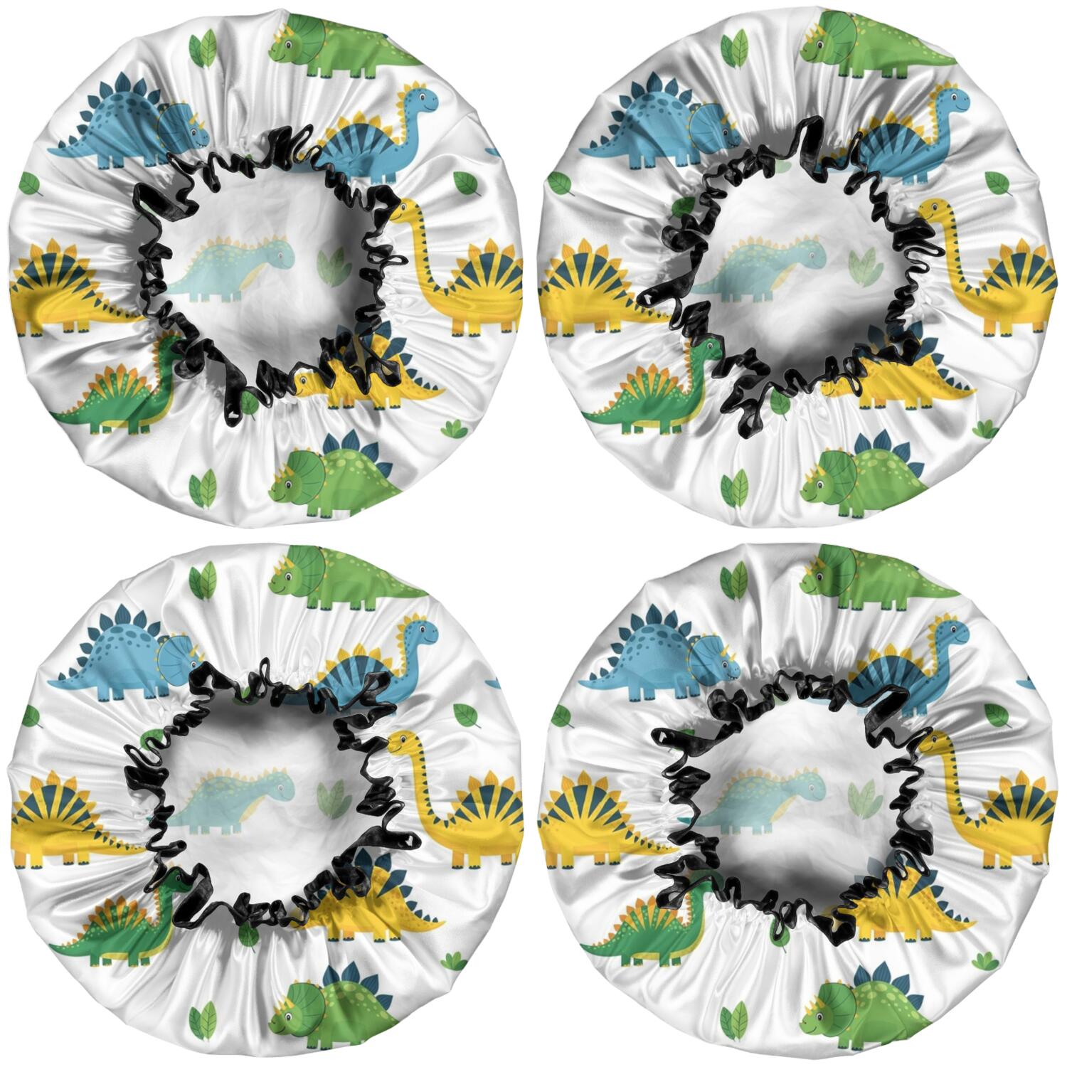 Shower Caps,White Dinosaurs Plants Leaves Pattern Waterproof Shower Cap for Women 4 Pieces,Double Reusable Hair Cover for Shower PEVA Elastic Stretch Hem