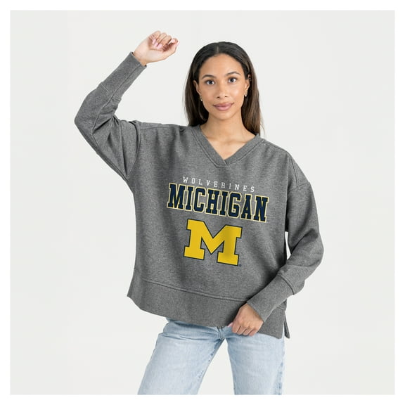 Women's Gameday Couture Gray Michigan Wolverines French Terry V-Neck Pullover Sweatshirt