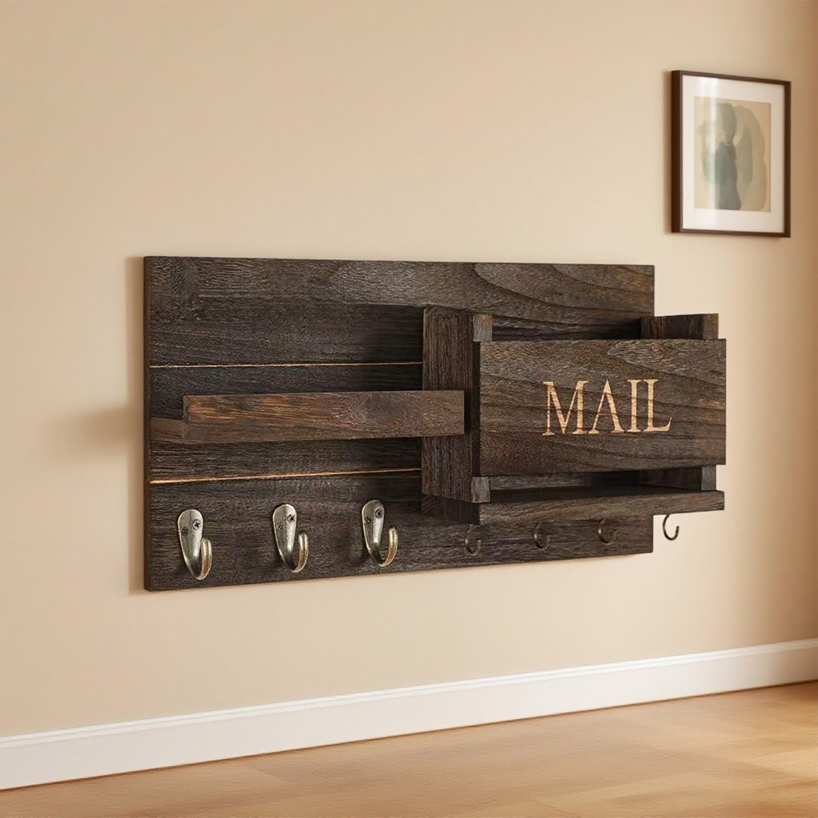 PONPRNGY Mail Organizer for Wall Mount – Key Holder with Shelf Includes Letter Holder and Hooks for Hallway Farmhouse Decor – Rustic Wood with Flush Mounting Hardware