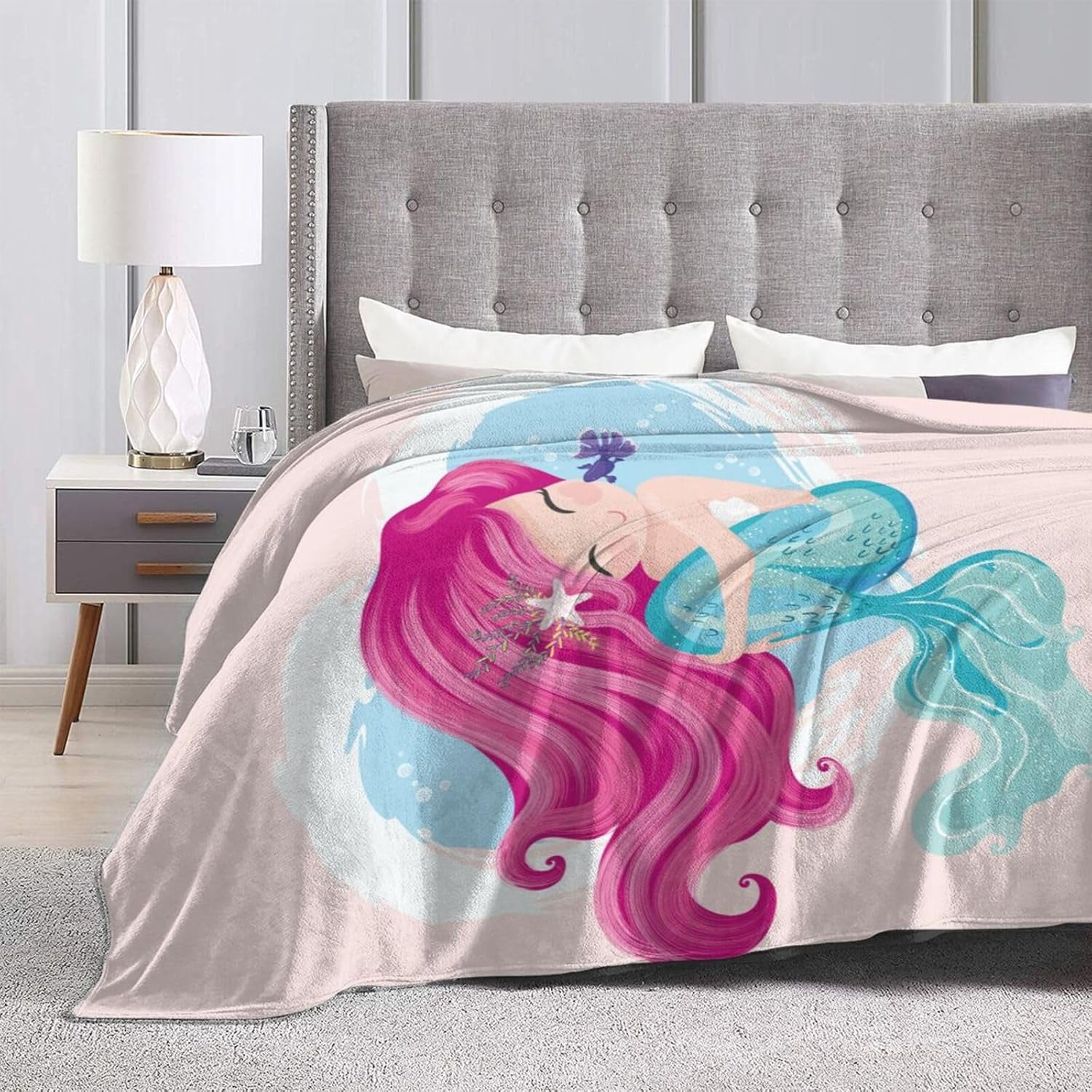 Cute Mermaid Girl Bed Blanket Ultra Soft Throw Blanket All Season Warm Light Weight Cozy Plush Blankets for Home Bedroom Sofa Chair Travel, 60"X80"