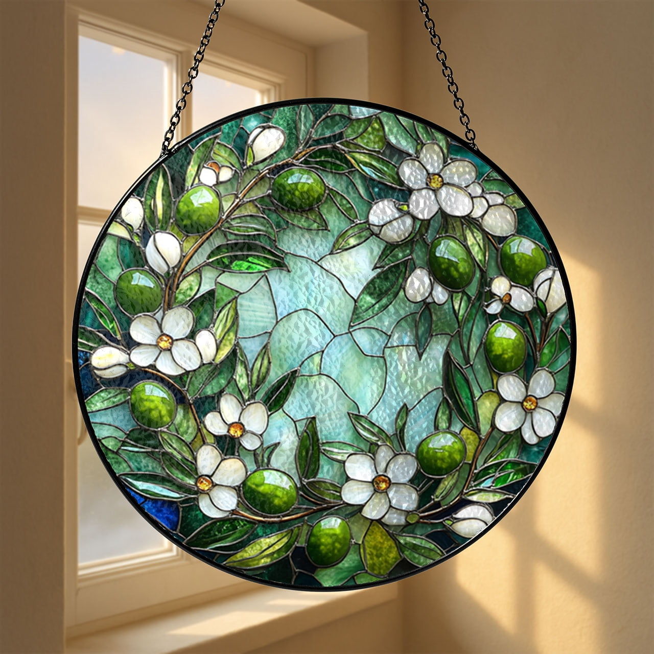 Faux Stained Glass Olive Branch Panel, Garden Lover Decor