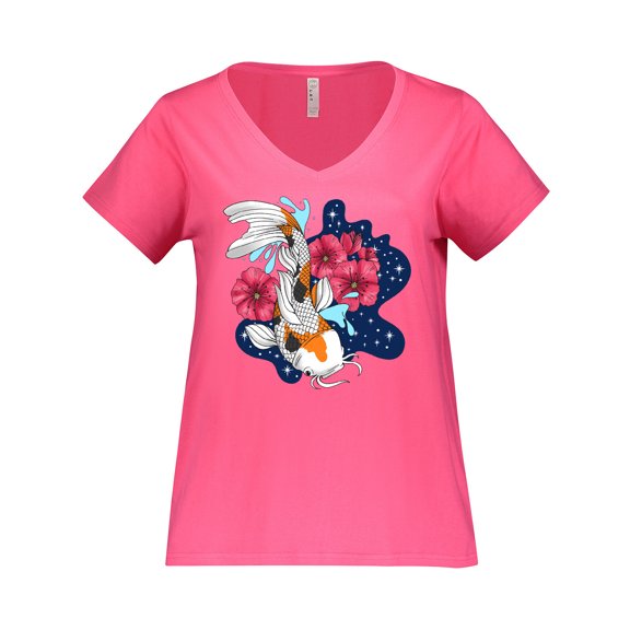 Inktastic Japanese Koi Fish Pond with Stars Women's Plus Size V-Neck T-Shirt
