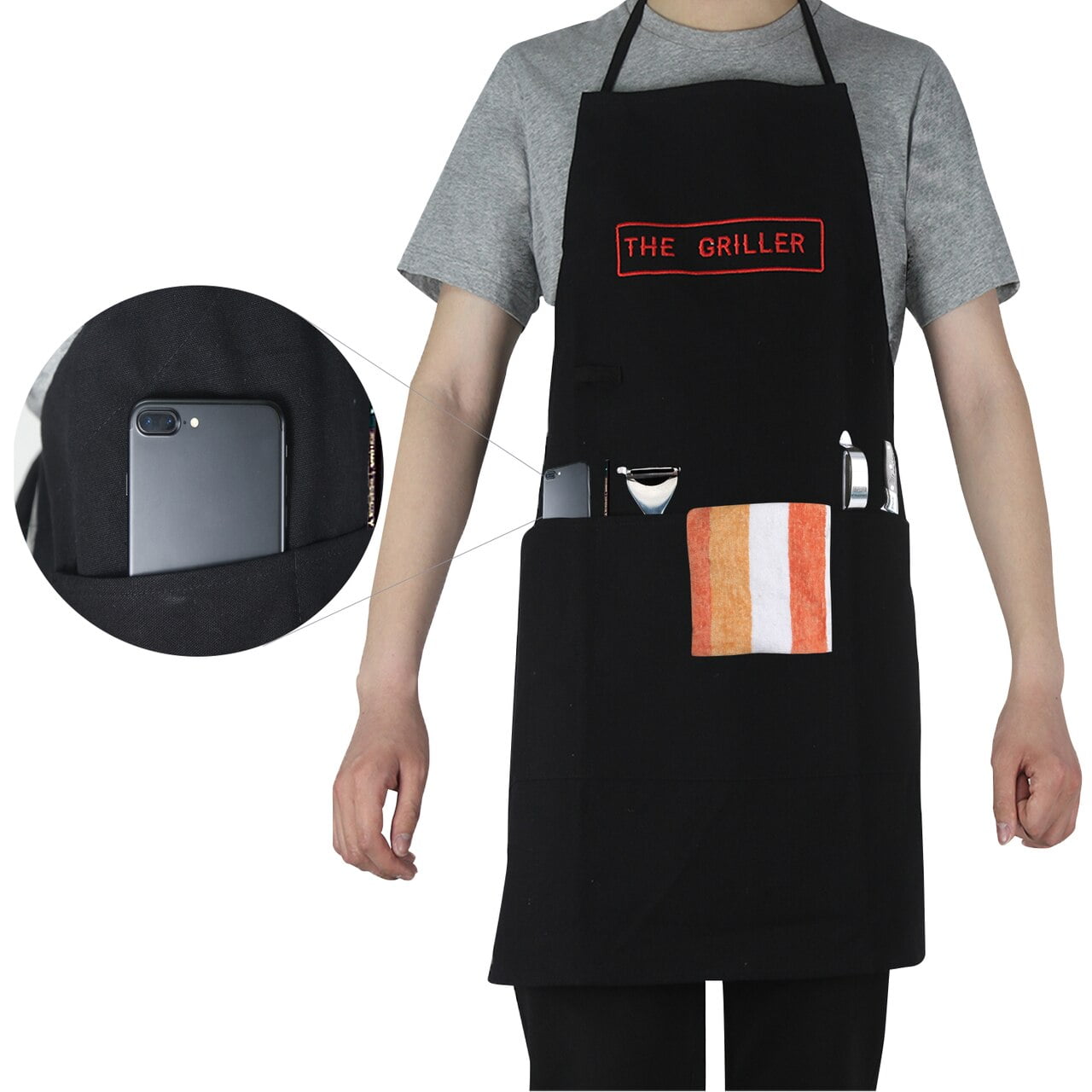 One Size Evridwear The Griller BBQ Apron with Adjustable Bib Indoors or Outdoors 5 Pockets and Headphones Loop for Men Black Chef Cooking in The Kitchen Women