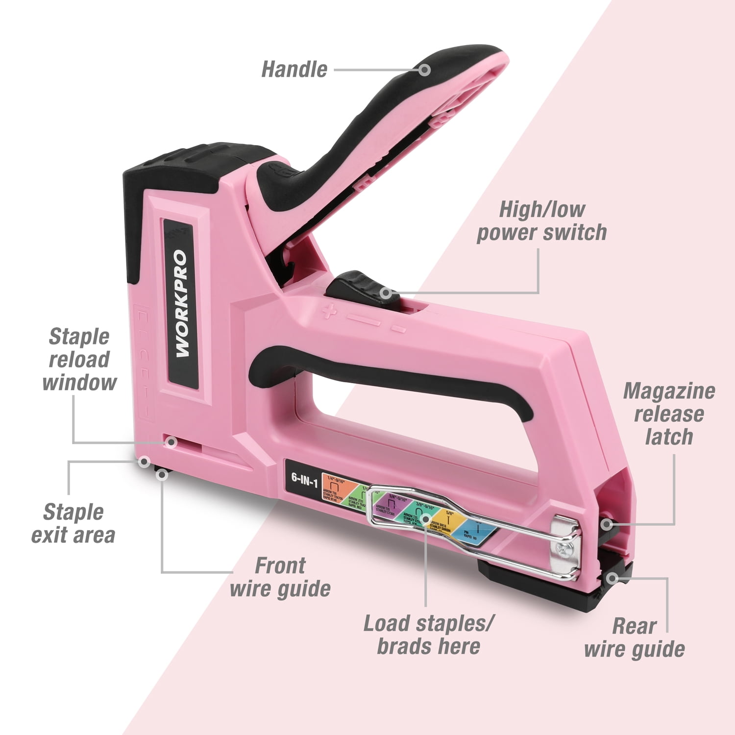 WORKPRO 6-in-1 Manual Staple Gun and Brad Nailer, Includes 4000 Staples, Upholstery and Furniture Repair Tool, Pink Ribbon