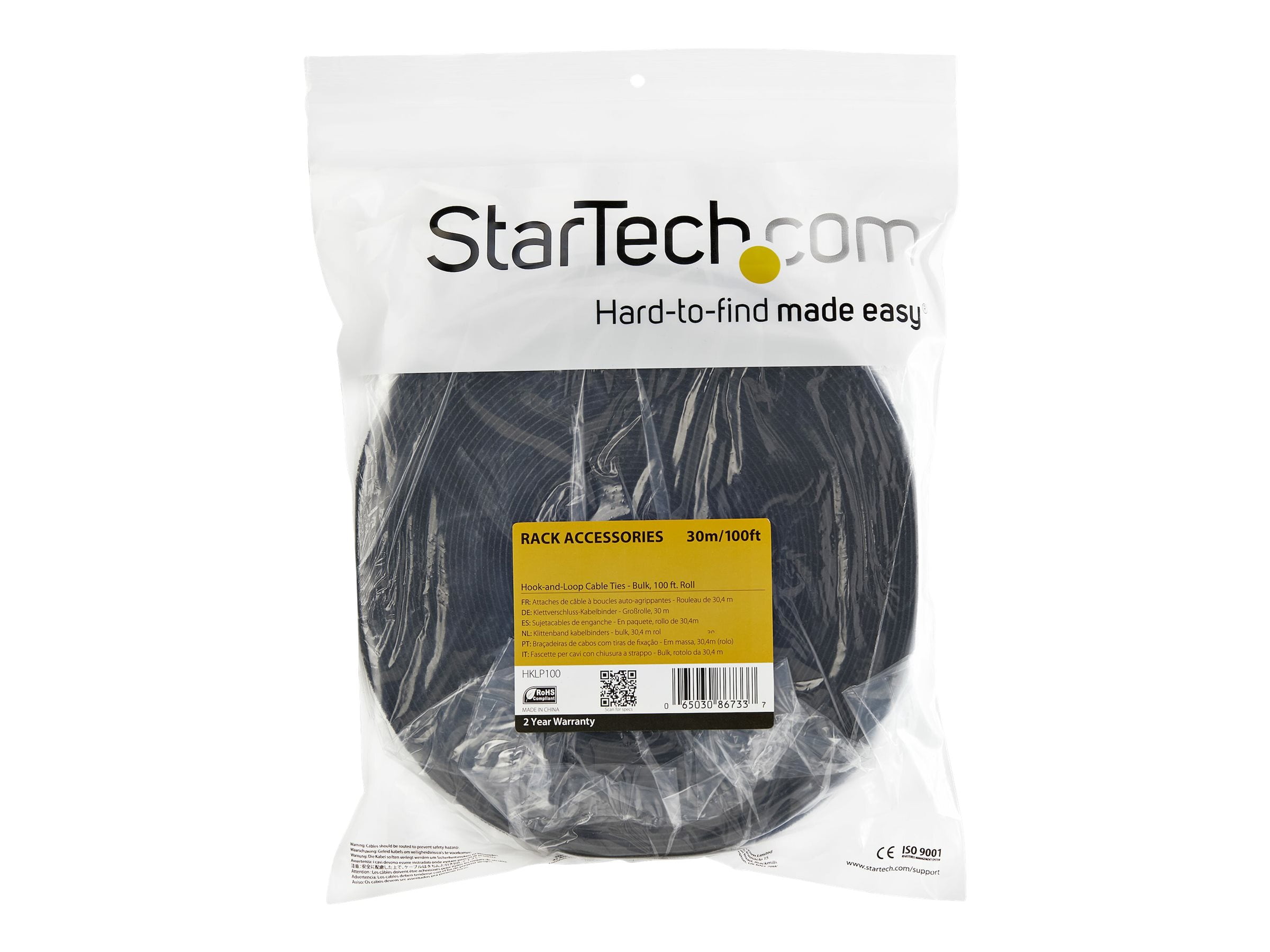 StarTech.com Hook-and-Loop Cable Management Tie - 100 ft. Bulk Roll - Black - Cut-to-Size Cable Wrap / Straps