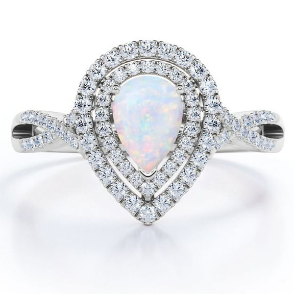 JeenMata 1.5 Carat Pear Cut Sunset Opal and Moissanite - Double Cluster - Pave Infinity Engagement Ring - 18K White Gold Plating over Silver