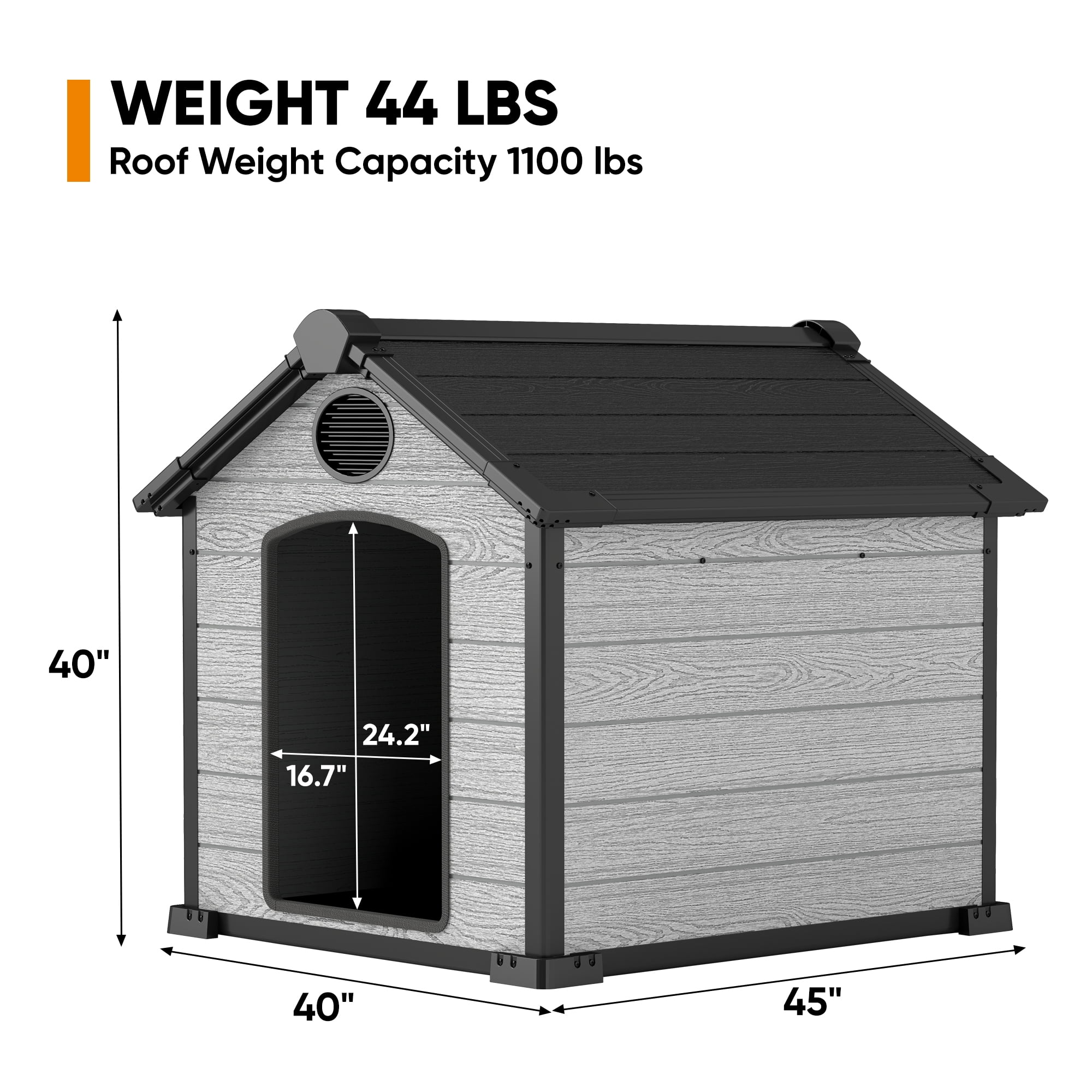 ZYJOYY Outdoor Dog House, 46" Insulated Igloo Style with Elevated Floor, Designed for Large Dogs, Weatherproof Plastic Kennel, Grey