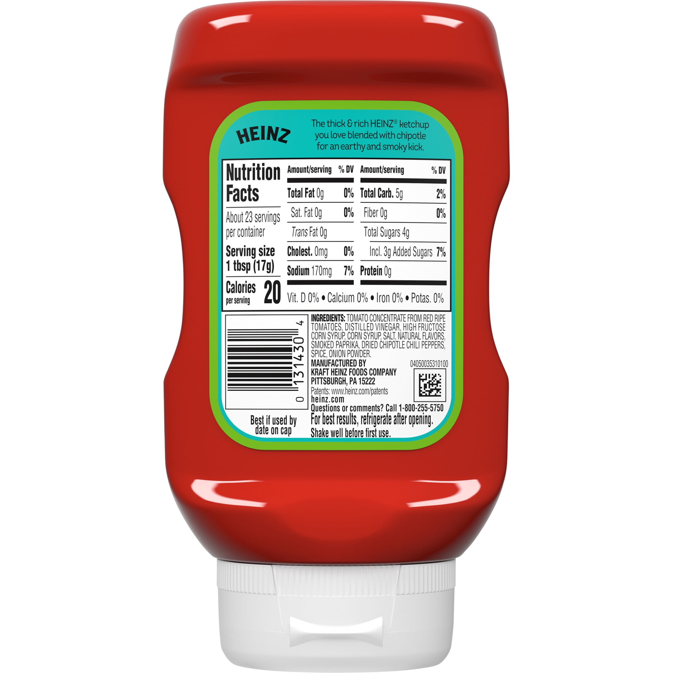 Heinz Tomato Ketchup Blended With Chipotle Squeeze Bottle, 1 Bottle, for Easy Sharing and Easy Serving, Medium Hot, 14 oz