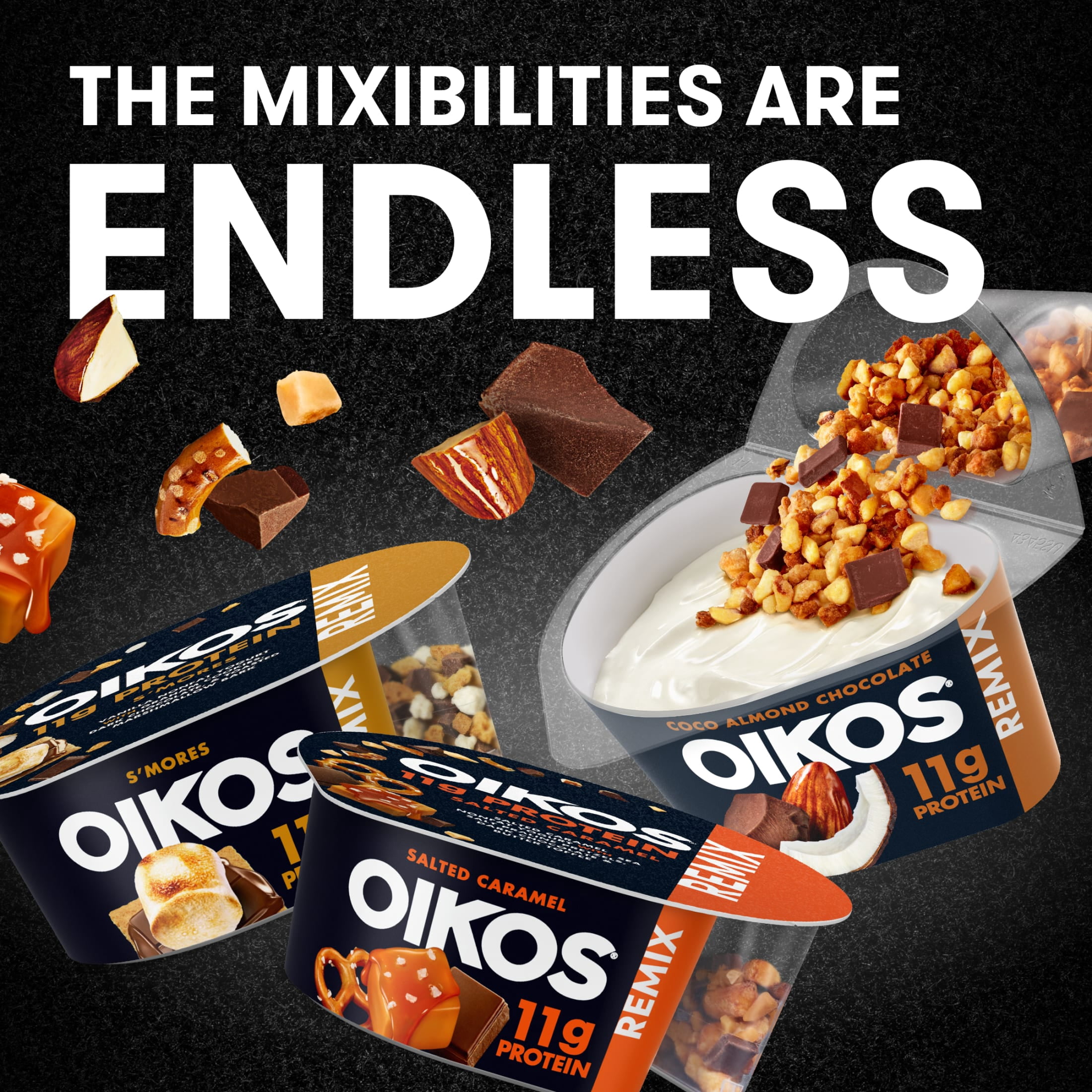 Oikos REMIX S'mores 11g Protein Vanilla Nonfat Greek Yogurt with Graham Cookies, Dark Chocolate and Toasted Marshmallow Bark Mix-Ins, 120 Calories, Great for Office Snacks, 4.5 oz Cup