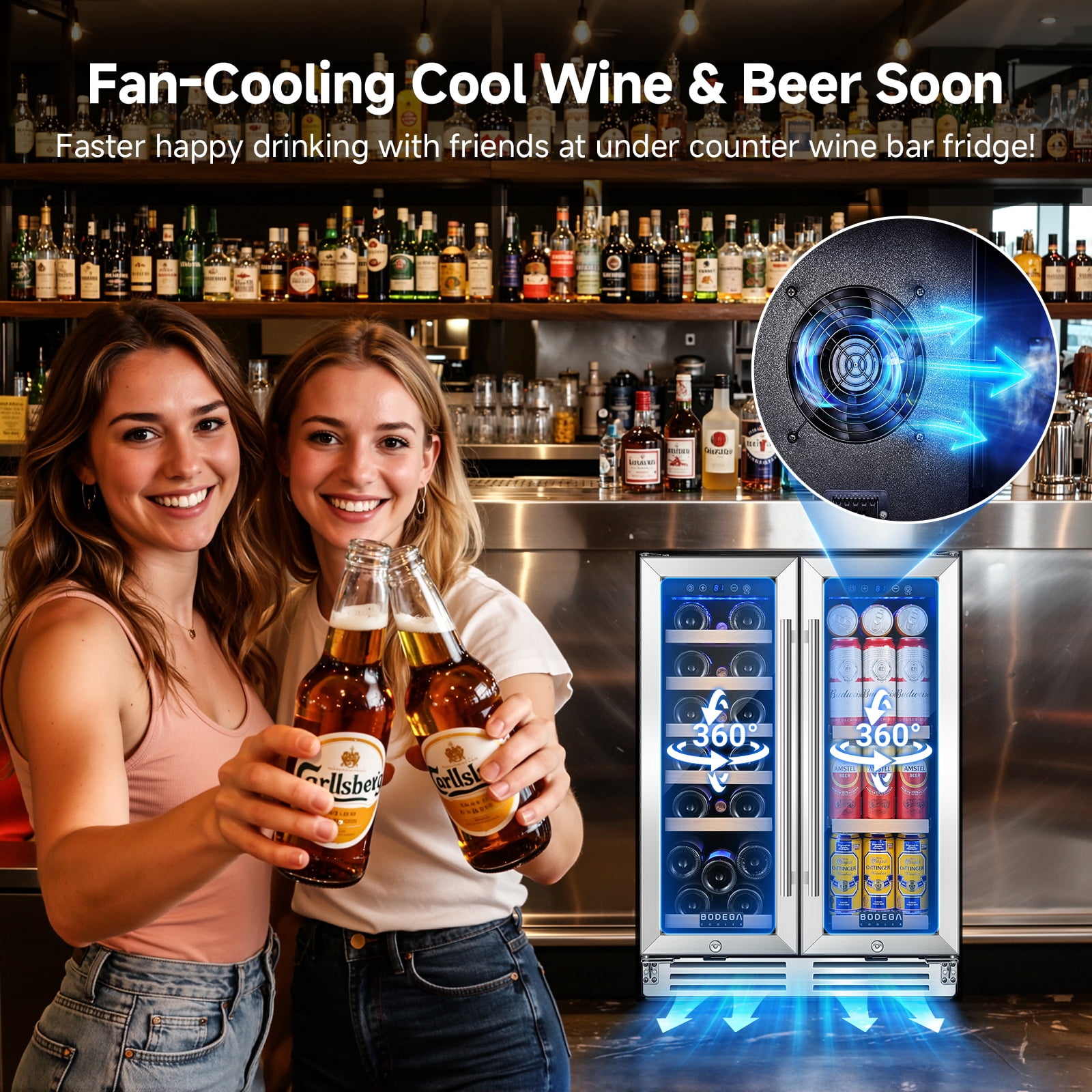 BODEGA Wine and Beverage Refrigerator, 24 Inch Dual Zone Wine Cooler, Freestanding or Under Counter Wine Fridge Hold 20 Bottles and 62 Cans