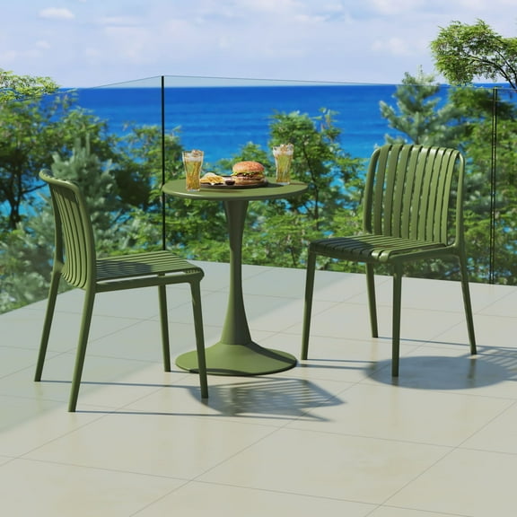 WestinTrends Playa 3-Piece Outdoor Metal Dining Table Set And Stackable Resin Patio Chairs, Olive Green