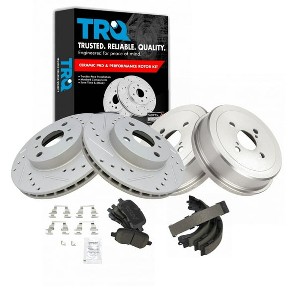TRQ Front & Rear Ceramic Brake Pad Performance Rotor Shoes & Drum Kit for Toyota BKA22083 Fits select: 1998-2002 TOYOTA COROLLA, 1998-2002 CHEVROLET GEO PRIZM