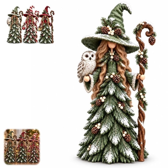 Whimsical Christmas Witch Resin Figurine Collection, Enchanted Tree Statue Set for Festive Mantel Display