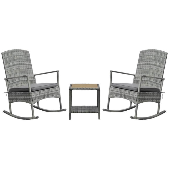 Spaco 3 Piece Outdoor PE Rattan Rocking Chair Set, Wicker Recliner Rocker Chair with Soft Cushion & Nature Wood Top Coffee Table for Outdoor as Backyard, Lawn, Garden, Grey
