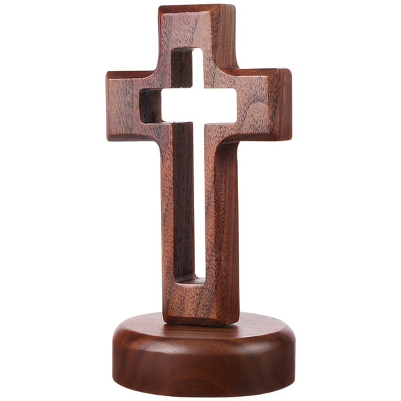 GAXIRE Table Top Crosses for Home Decor 1 Set Wooden Cross with Stand for Desk in Brown 4.72X2.76X2.56in