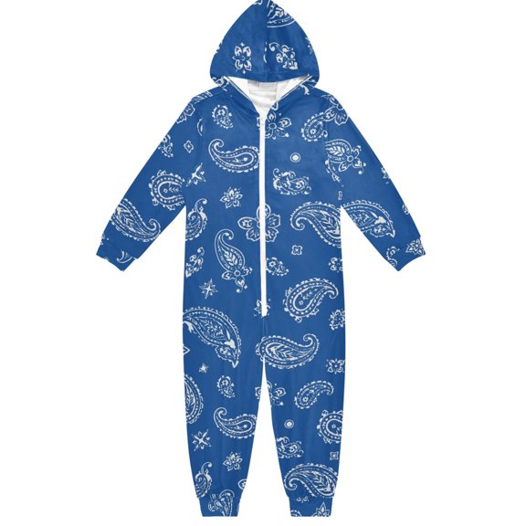 Blue Paisley White Boys & Girls Hooded One-Piece Pajamas Warm Crystal velvet Hooded Long Sleeve Loungewear Jumpsuit Unisex