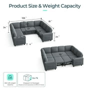 Linsy Home Storage Sectional Sleeper Sofa with Pull Out Bed, 8 Seat Modular Sectional Sofa with with USB & Cup Holder, Plush Corduroy Sectional Couches for Living Room, Dark Grey