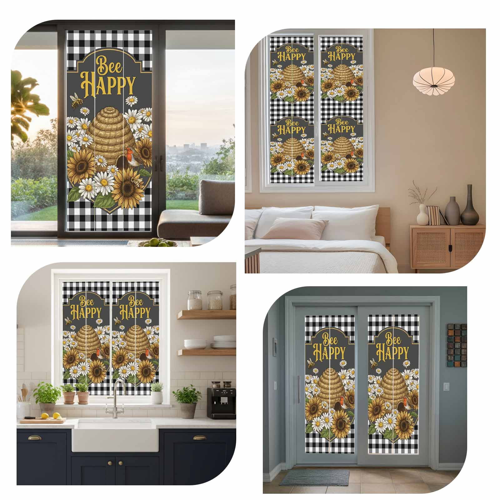 Happy Bee Window Privacy Film, Cartoon Bee Honeycomb White Daisy Black White Lattice Frame Frosted Glass Window Clings Static Cling UV Heat Blocking Reusable Door Sticker for Bathroom 23.6 x 59 Inch