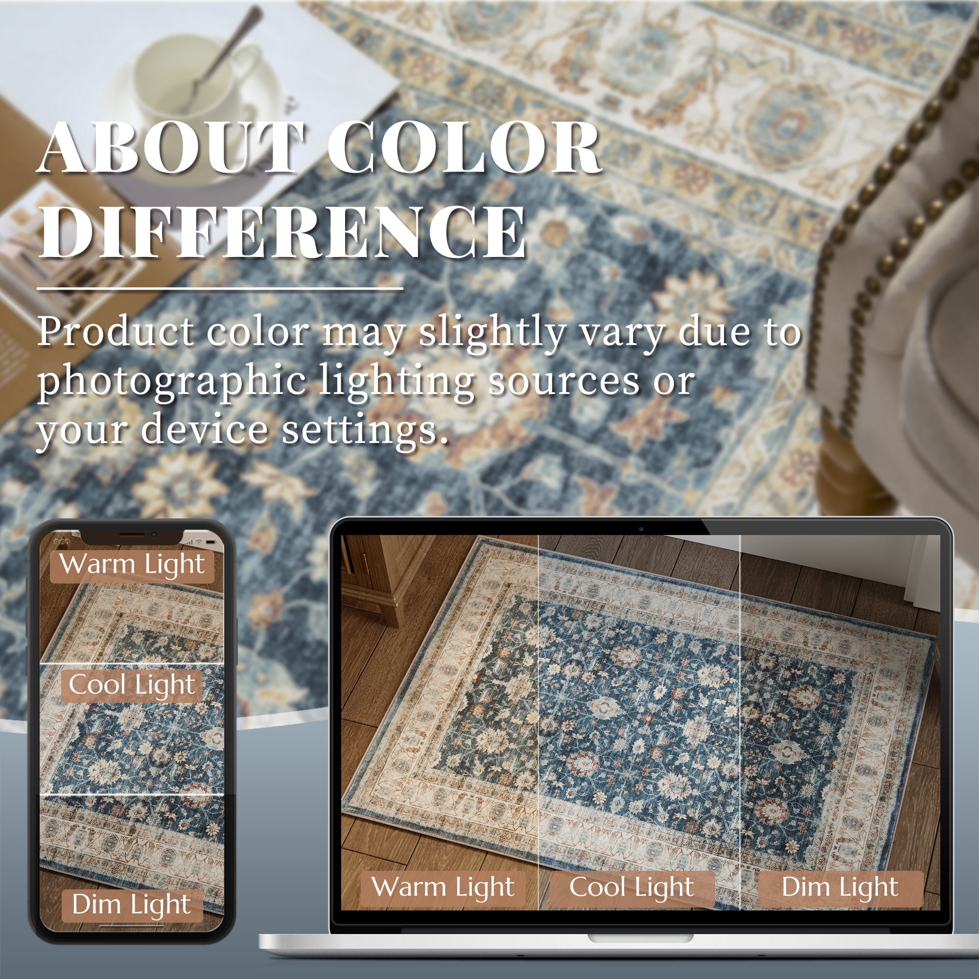 RUGKING Thin Vintage Large Area Rug Washable Rug 8'x10' Area Rugs for Bedroom Non Slip Backing Rug, Blue