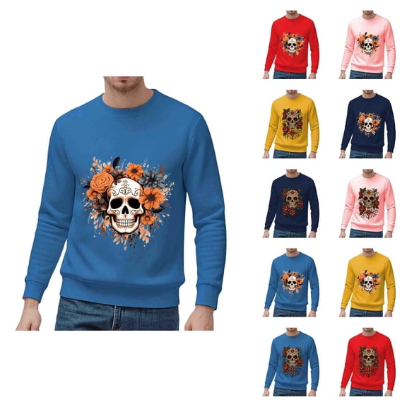 Halloween Sweatshirts for Men Long Sleeve Casual Crewneck Bloom Skull Graphic Sweatshirt Pullover Tops