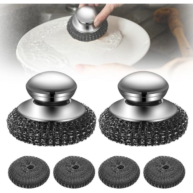 Upgraded Stainless Steel Wool Scrubber with Handle - Multi-Pack Replacement Scrubber Pads, Detachable for Dishes, Iron Pots, Stoves (2PCS)