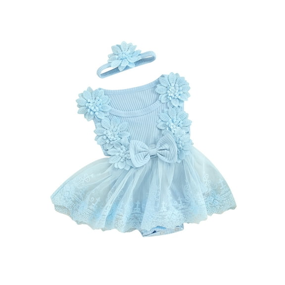 Bslissey Baby Girls Summer Romper Dress Sleeveless Lace Floral Tulle Patchwork Jumpsuit Infant Toddler Cute A-line Bodysuit Dress with Headband 3M 6M 12M 18M 24M