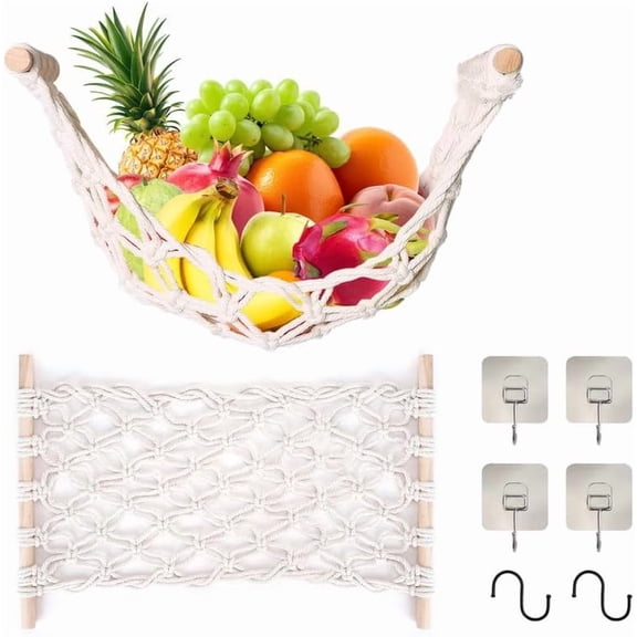 CEYAZYE Fruit Basket Hammock Under Cabinet Adhesive, Woven Vegetable Hanging Basket, Fruit Storage for Kitchen with Banana Hook, Mesh Fruits Holder Organization for Home Dining Room Decor