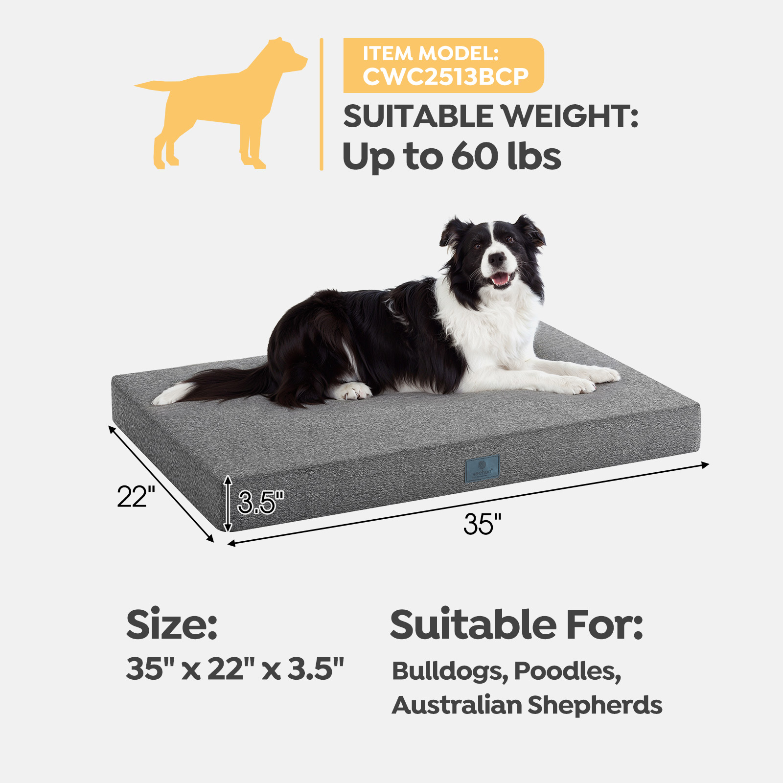 Veehoo Chew Proof Dog Bed for Crate, Pet Pad with Removable Washable Cover, Large, Black