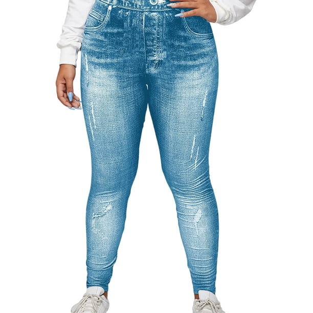 Avamo Ladies Fake Jeans Tummy Control Oversized Faux Denim Pant Floral  Print Plus Size Leggings Stretch Bottoms Sport Jeggings Blue 3XL 