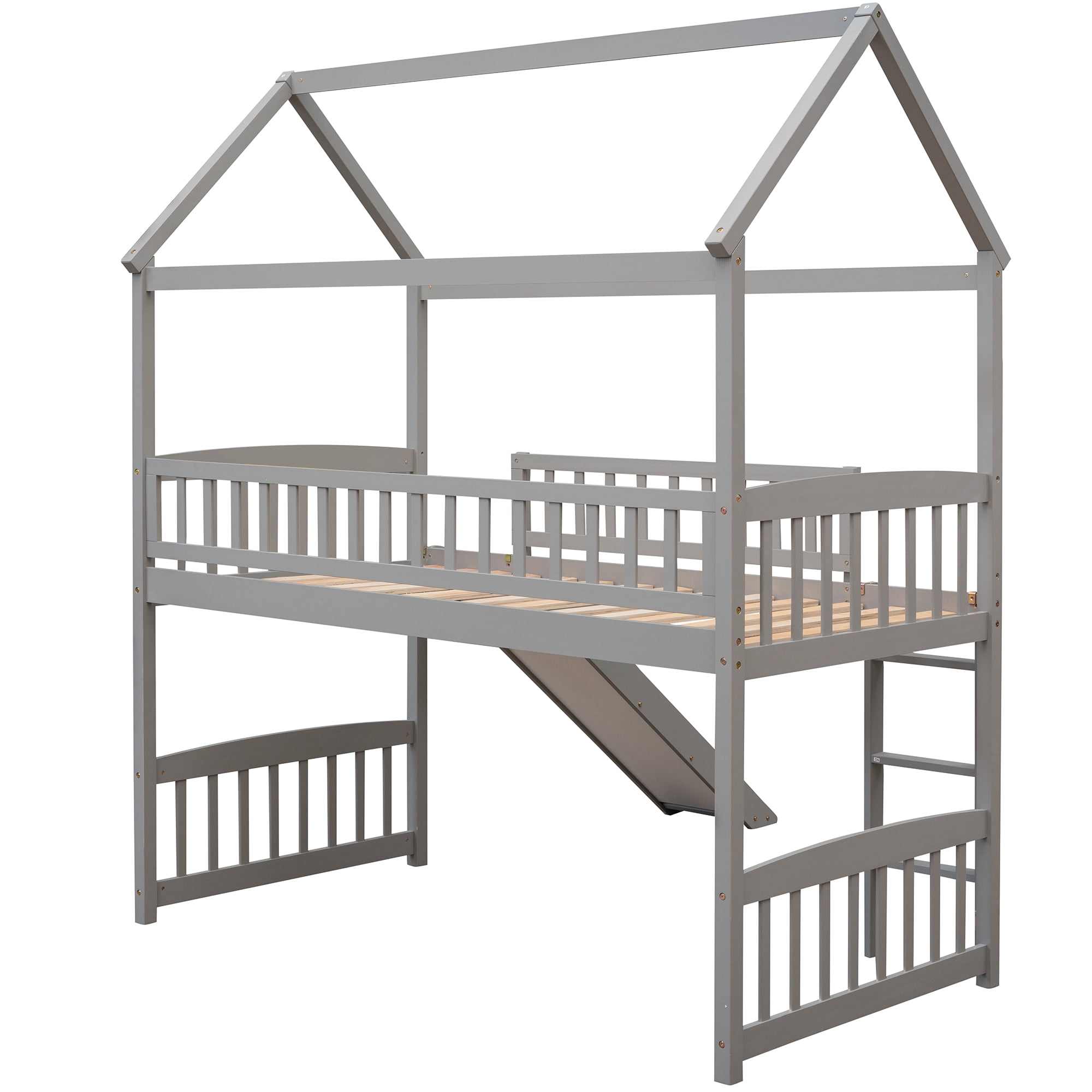 Aukfa Twin Loft Bed with Slide, House Bed with Headboard for Kids Teens Adults - Gray