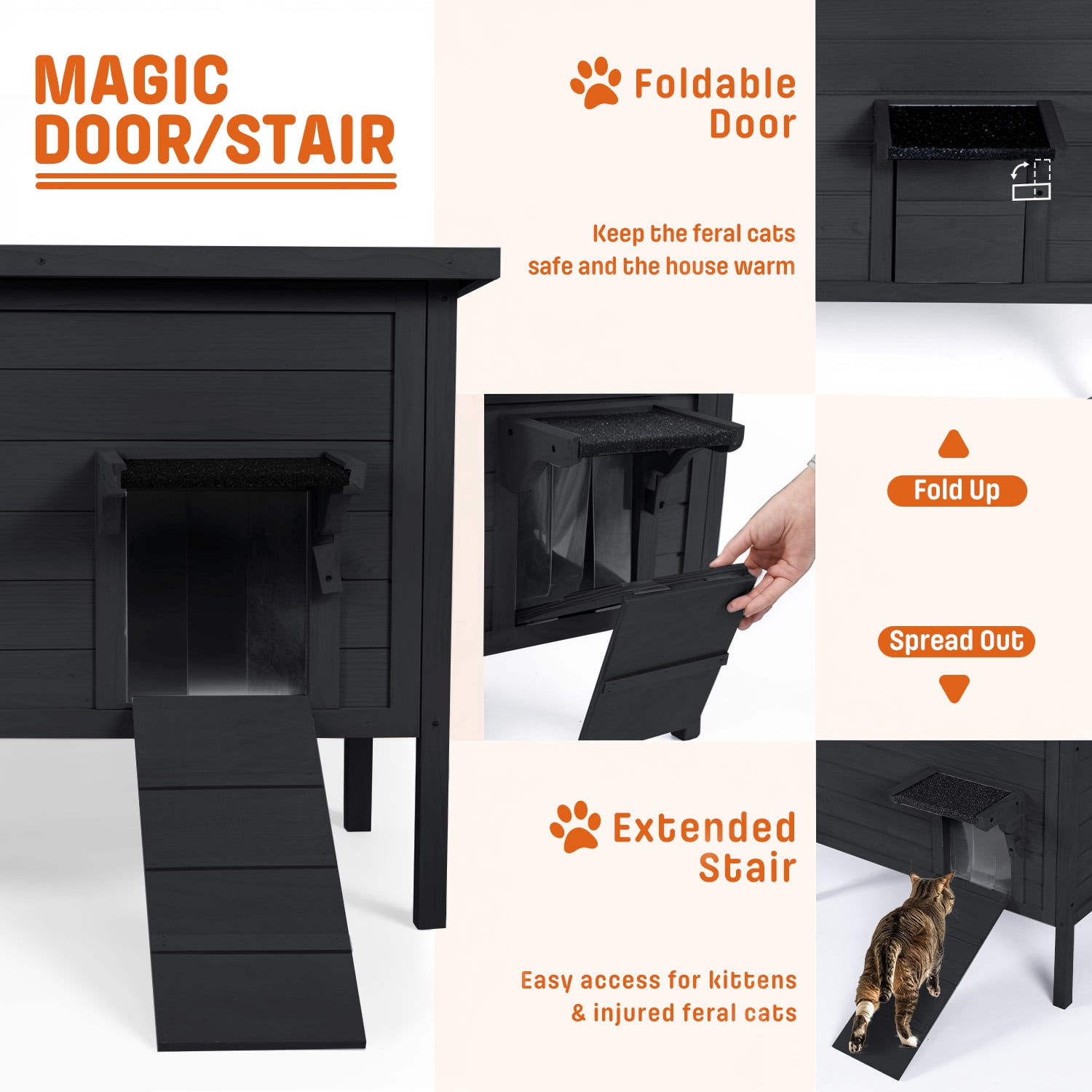 FODINGHILL Outdoor Cat House,Waterproof Cat Shelter for Winter,Feral Cat House Outdoor,Black