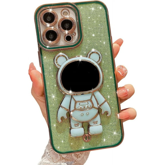 Compatible for iPhone 13 Pro Max 6.7 Inch Bling Plating Astronaut Hidden Stand Case, Cute 6D Bear Stand Glitter Phone Case for Women Girls Soft TPU Shockproof Back Cover - Green