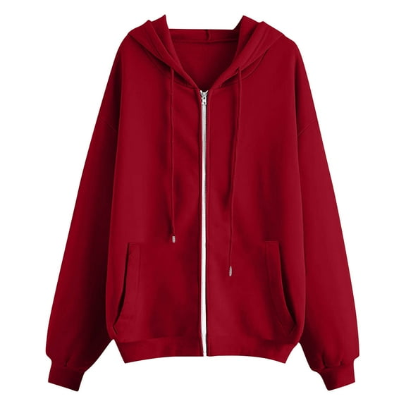 Fall Jackets for Women Solid Color Baggy Sweatshirts Full Zip Up Hoodie Sport Coat with Pockets Long Sleeve Outwear (XL, Red)