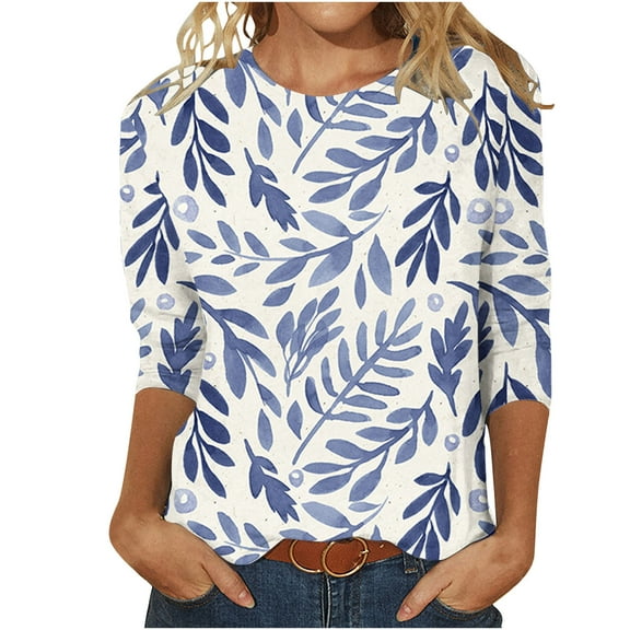 IROINNID Polyester Long Sleeve T Shirt for Women Casual Printed Loose T-shirt Mid-length Blouse Round Neck Tops,Dark Blue