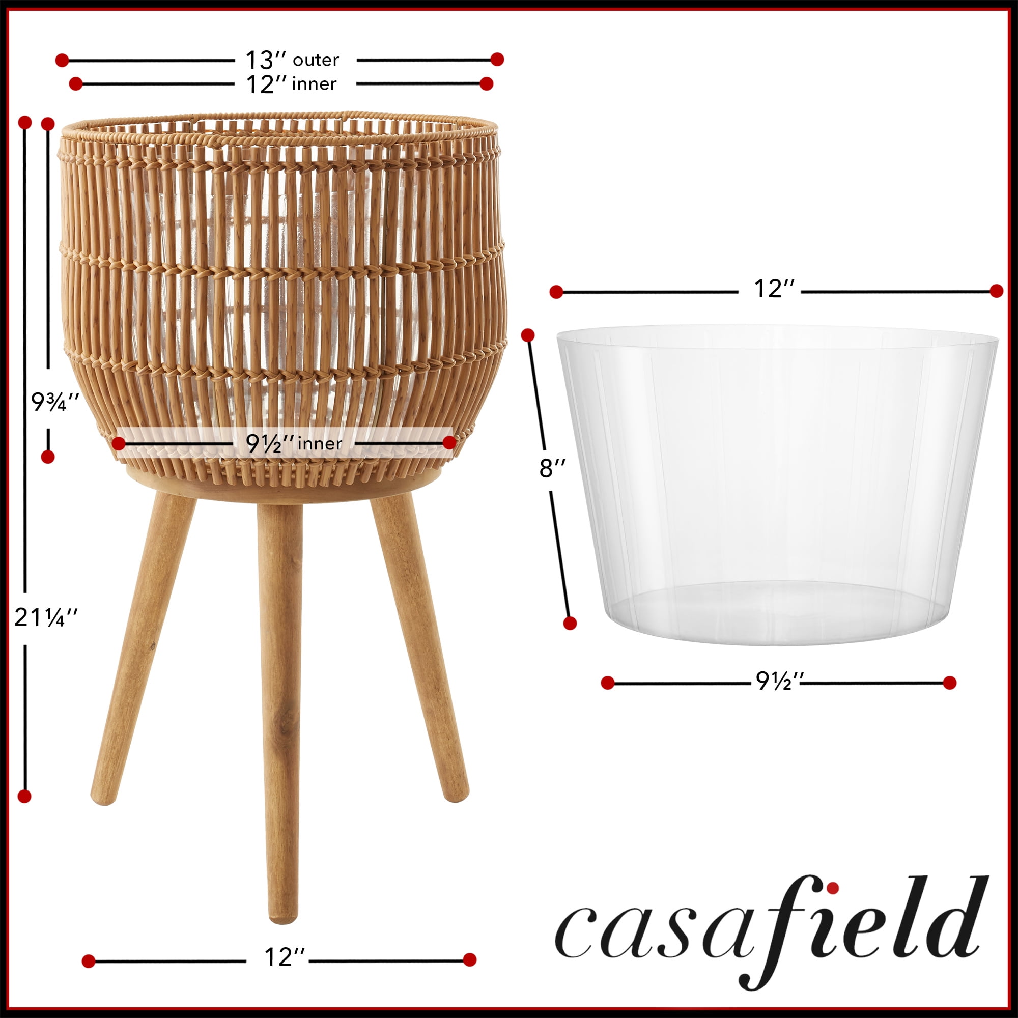 Casafield Floor Planter with Wood Legs in Natural, Planter Basket with Stand, Large Plant Pot Cover with Liner