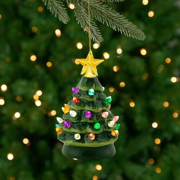 LED Lighted Mini Retro Christmas Tree with Gold Star Ornament - 5.25" - Green