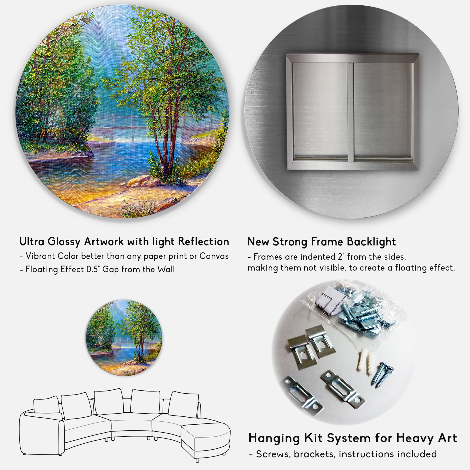 Designart 'Green Trees By The Bridge Over River' Traditional Circle Metal Wall Art 29x29 - Disc of 29