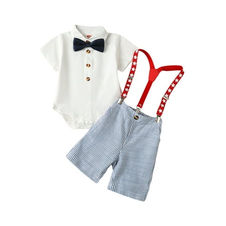 

Cathery 4th of July Outfit Toddler Baby Boy Button Down Bowtie Romper Shirt Suspender Shorts Independent Day Gentleman Suits White 6-12 Months