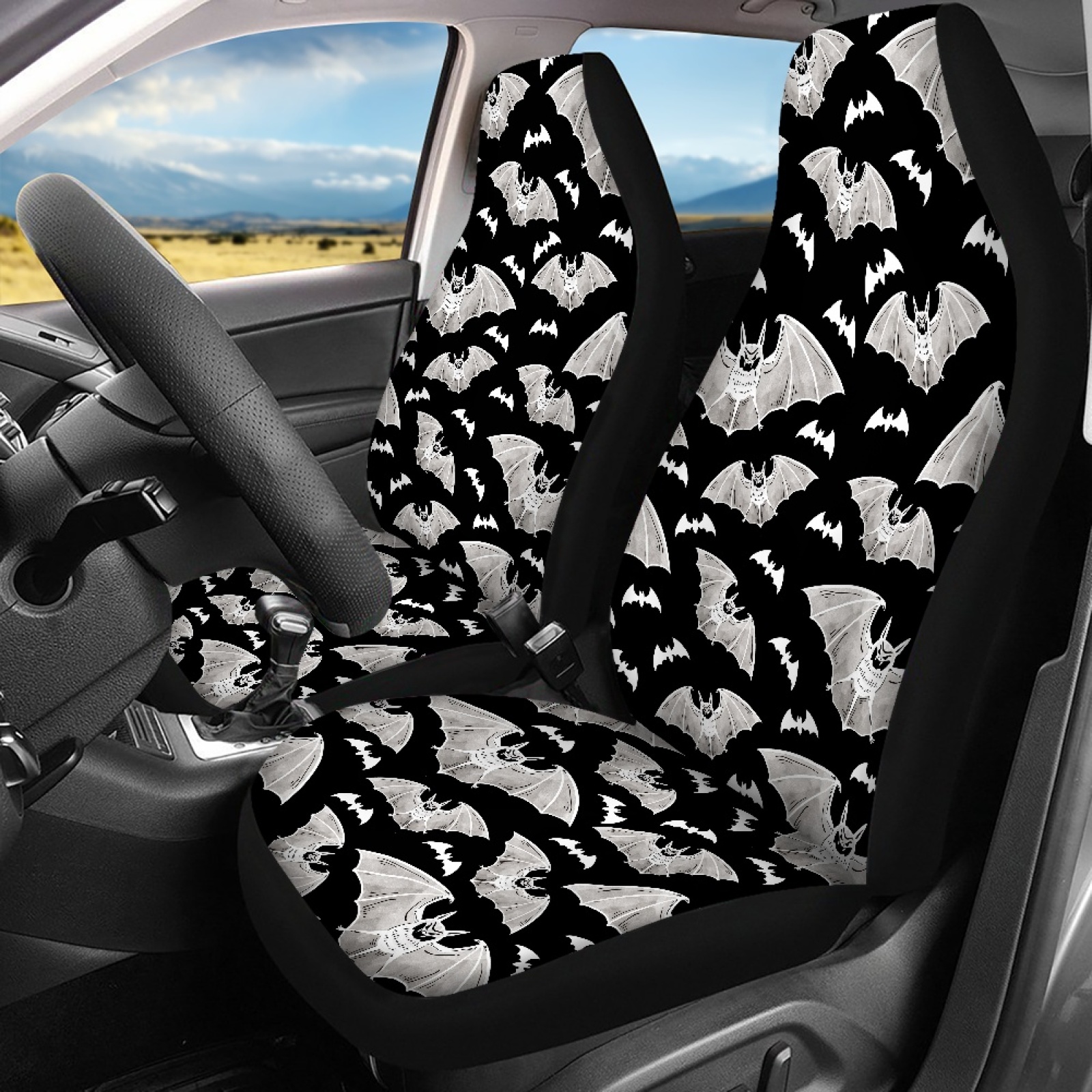 Renewold Bat Black Car Seat Covers Full Set, Front and Rear Bench Cover Protector Set Halloween Automobile Accessories Decor Universal Fit for Auto Truck Van SUV