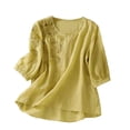 thumbnail image 2 of WCJM Essentials Women's Short-Sleeve V-Neck Solid T-Shirt Women's Short Sleeve T-Shirt Floral Embroidered Tops Cotton Linen Shirts Boho Ethnic Style Tee Women 3/4 Sleeve V Neck Button Tunic Tshirt, 2 of 6