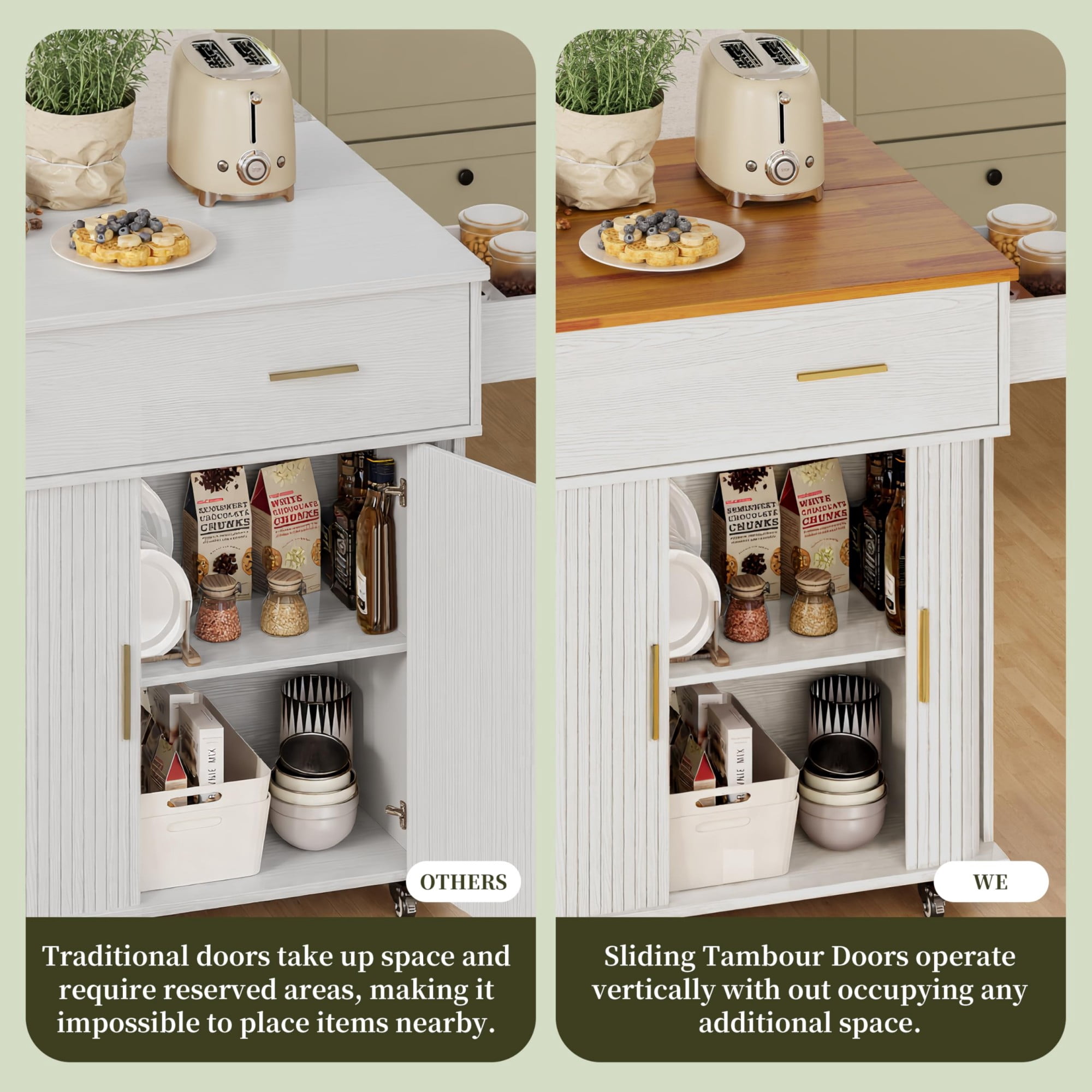 Rolling Kitchen Island Cart with Drop Leaf, Mobile Kitchen Cart on Wheels with Sliding Door, Drawer & Storage Rack, White