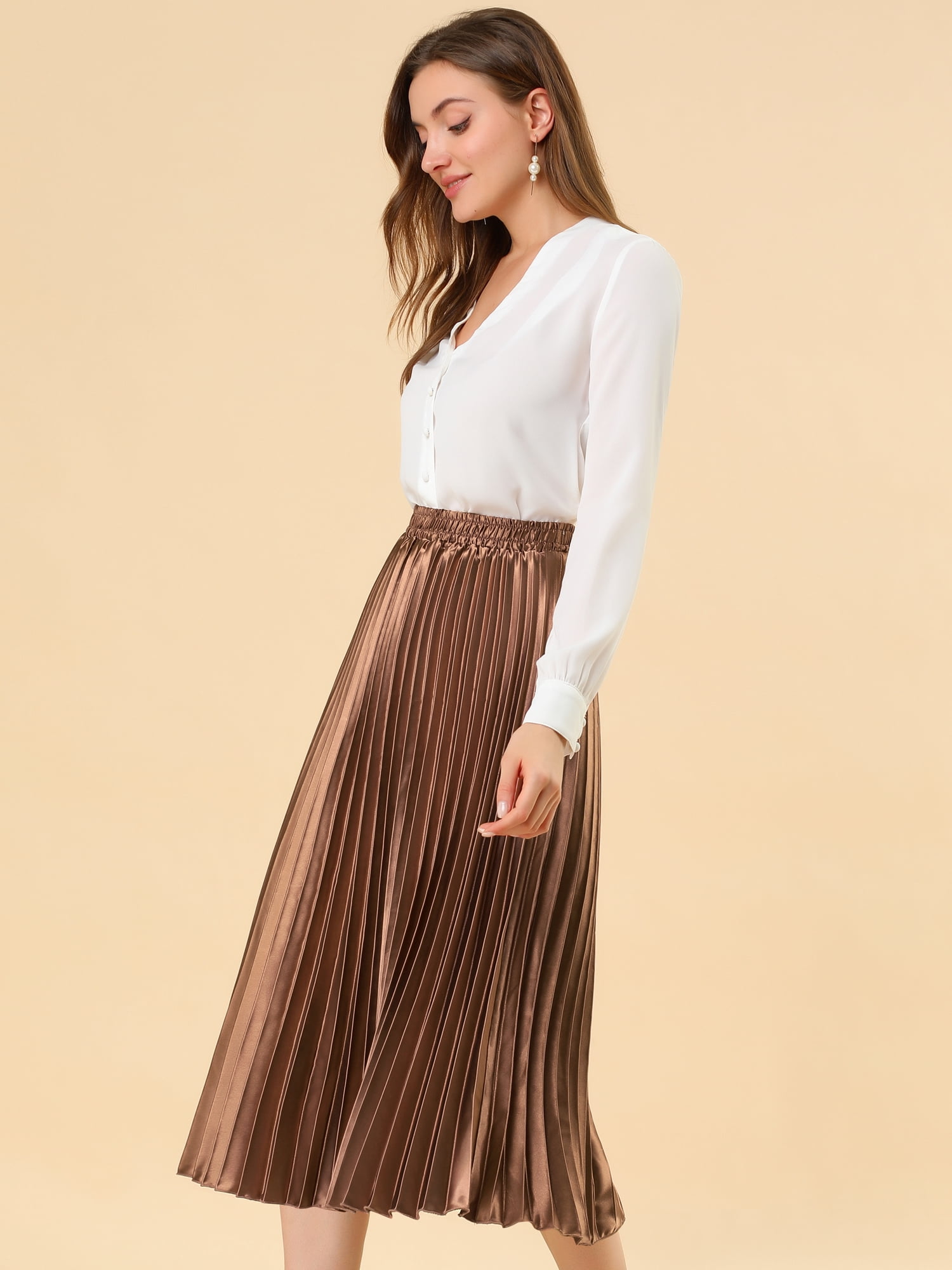 DARING DIVA Women's Midi Length Elastic High Waisted Pleated Skirt 3XL Brown