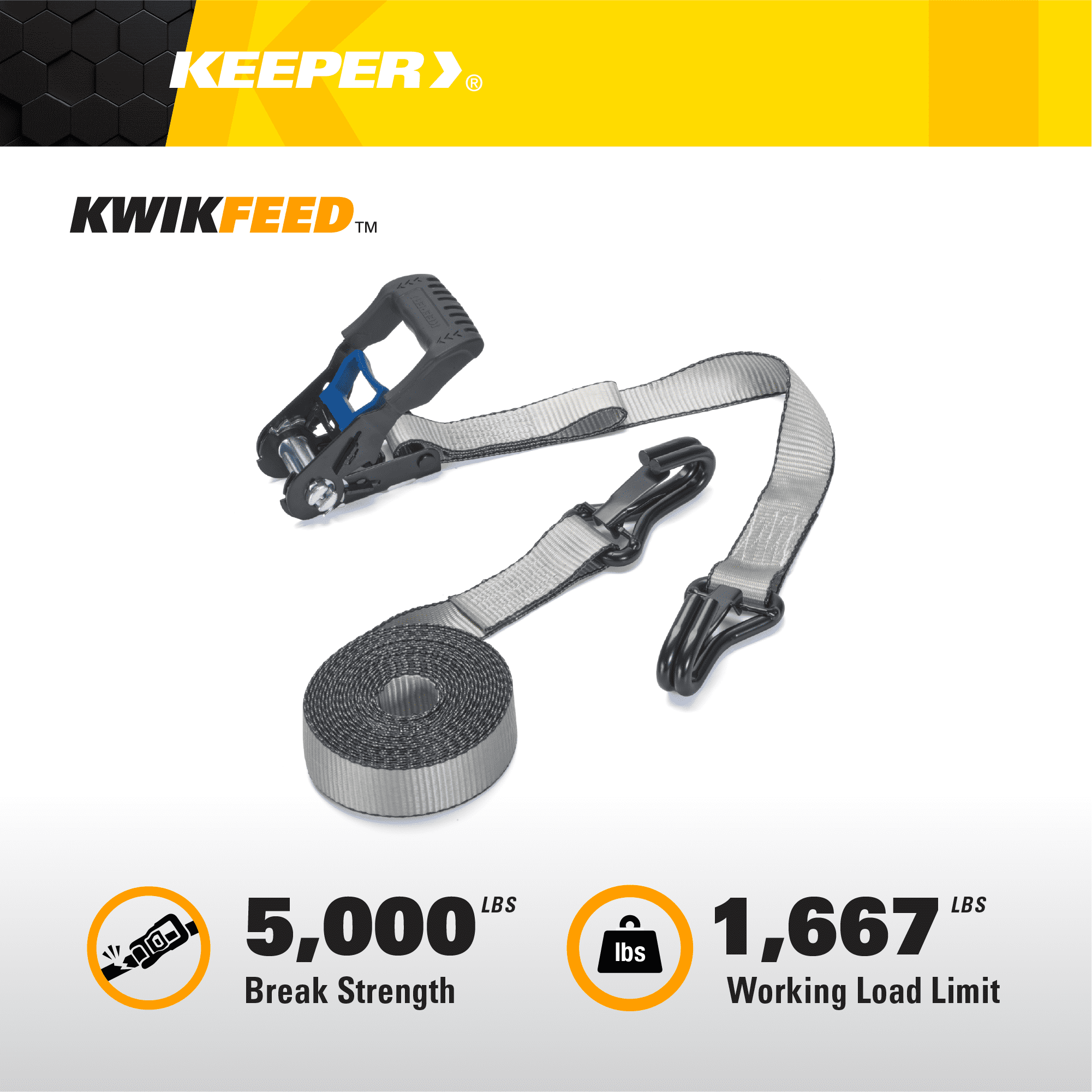 Keeper KwikFeed 1.5" x 16" Ratchet Tie Down Strap with JJ-Hooks, 2-pack