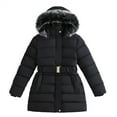 thumbnail image 3 of Otqutp Girls Long Puffer Jacket with Faux Fu𝗿 Hood and Belt Winter Quilted Warm Down Coat for Kids Slim Fit Parka Outerwear, 3 of 7