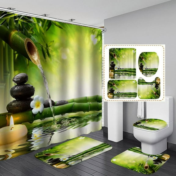 4PCS/Set Zen Spa Shower Curtain Sets, White Orchid Candle Green Bamboo Basalt Massage Stone Tranquil Lake Relaxing Spiritual Meditation Bathroom Decor, Non-Slip Bath Mat, Bamboo & White Flower