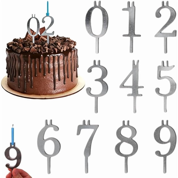 Reusable Number Birthday Candle Holder Set - 0-9 Silver Metal Cake Topper Decorations - Adjustable Digital Candle Stand for Milestone Birthdays & Anniversaries - Party Cake Accessories
